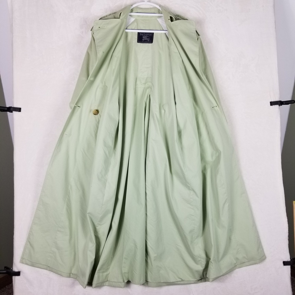 Burberrys Trench Coat Womens 4 X-Long Sage Green Gold Crest Button Belted Vtg - Picture 4 of 13